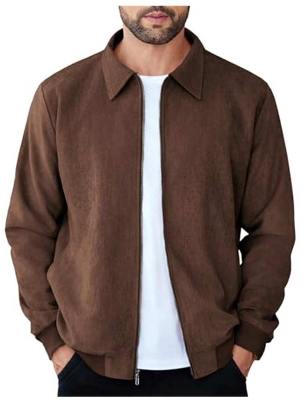 Men's Suede Jacket Casual Full Zip Leather Bomber Jacket Lightweight